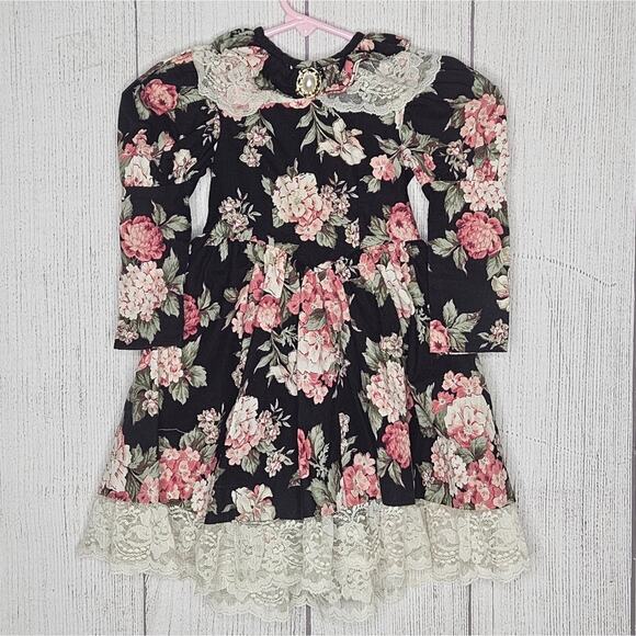 VTG Storybook Heirlooms Black Floral with Lace Bustle & Trim, size 18 months